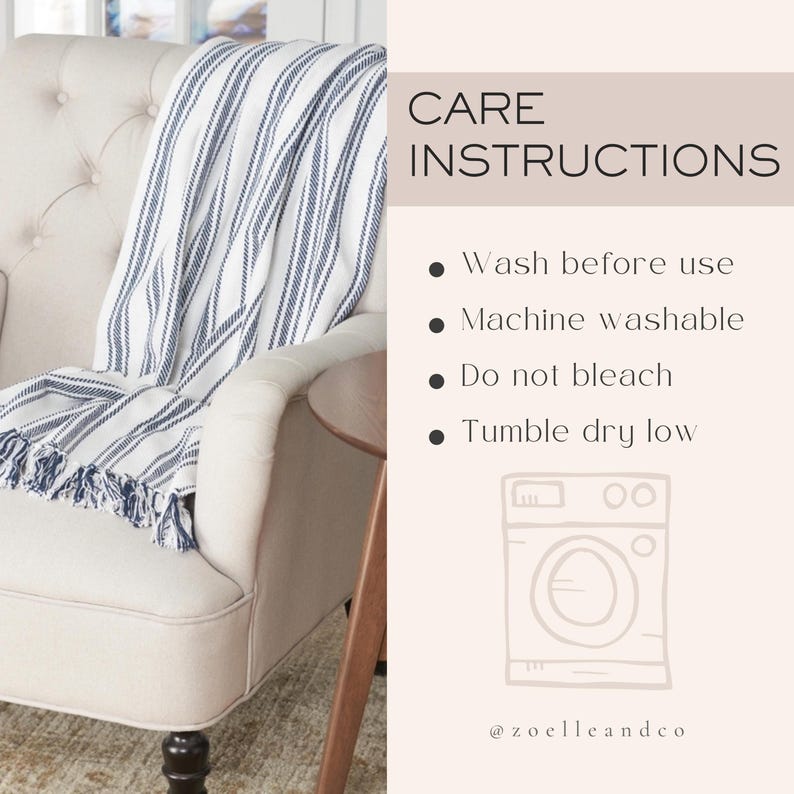 The image is a care instructions poster for a striped blanket, providing guidelines on how to properly care for the blanket.