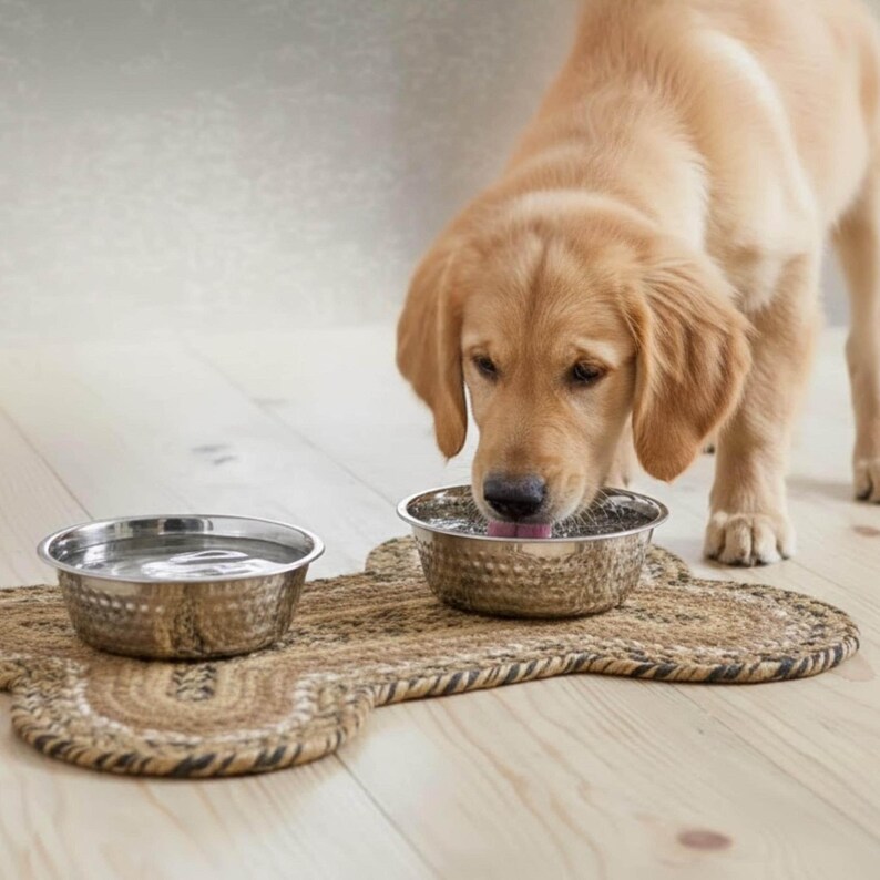 Rustic Decor Braided Pet Mat crafted from durable jute natural fiber. Dog bone shaped woven cover fits farmhouse kitchen floors while providing eco friendly floor protection and vintage aesthetic charm. Rustic Dining Mat Braided Table Placemat Natural Fiber Material Rectangular Kitchen Accessory Farmhouse Style Decor Vintage Design Element Eco Friendly Sustainable Textile Woven Table Protection Handcrafted Home Decor Country Dining Setting