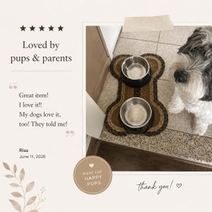a dog sitting on a tiled floor next to two dog bowls, with a caption expressing gratitude for the product.