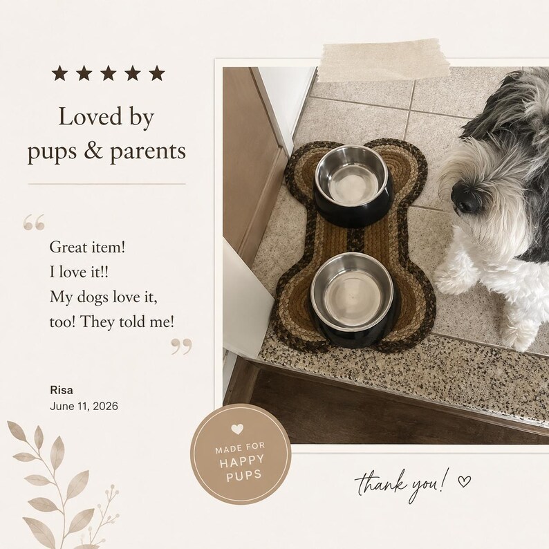 a dog sitting on a tiled floor next to two dog bowls, with a caption expressing gratitude for the product.