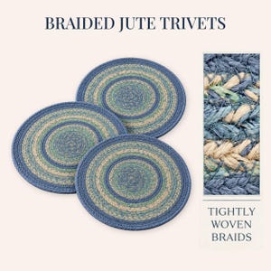 May include: Three round braided jute trivets featuring concentric circles in shades of blue, teal, and natural beige. The text BRAIDED JUTE TRIVETS appears at the top, and TIGHTLY WOVEN BRAIDS is below a close-up detail of the textured fiber weave.