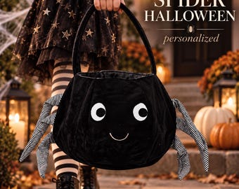 Spider Trick or Treat Bag Personalized Halloween Basket Kids Custom Name Candy Bucket Spider Halloween Gift Striped Leg Treat Bag