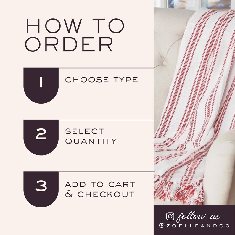 The image is a step-by-step guide on how to order items, with three numbered sections that provide instructions for choosing a type, selecting a quantity, and adding to a cart and completing a checkout.