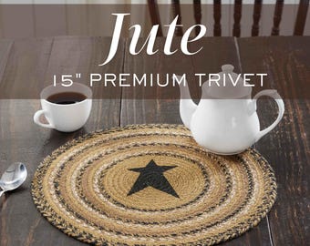Round Jute Trivet Farmhouse Kitchen Table Protector Heat Resistant Pot Holder Large Woven Star Design Rustic Dining Room Accessory Country