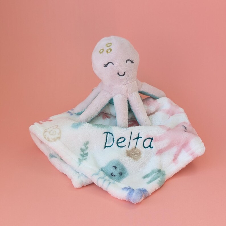 Baby Shower Gift Ocean Theme Lovey Personalized Newborn Present Marine Creature Design Soft Security Blanket Plush Octopus Turtle Starfish Characters Custom Embroidery Option Underwater Nursery Decor Essential Cozy Comfort Item Travel