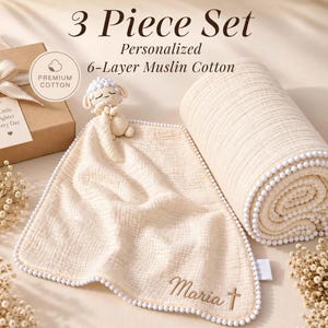Christening keepsake crochet lamb lovey Personalized Baptism Gift muslin Blanket Baby Nursery Present vintage Newborn Farm Animal toy set