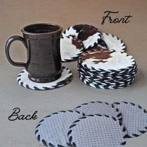 Unique Gift Idea Cowhide Leather Coasters Handmade Western Accessory Natural Hide Material Drink Protection Set Rustic Home Decor Genuine Leather Construction Hair On Hide Design Table Surface Guard Country Style Collection Perfect