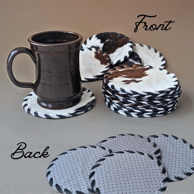 Unique Gift Idea Cowhide Leather Coasters Handmade Western Accessory Natural Hide Material Drink Protection Set Rustic Home Decor Genuine Leather Construction Hair On Hide Design Table Surface Guard Country Style Collection Perfect