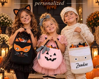 Sibling Trick or Treat Bags Personalized Halloween Basket Kids Custom Name Candy Bucket Brother Sister Halloween Gift Grandkids