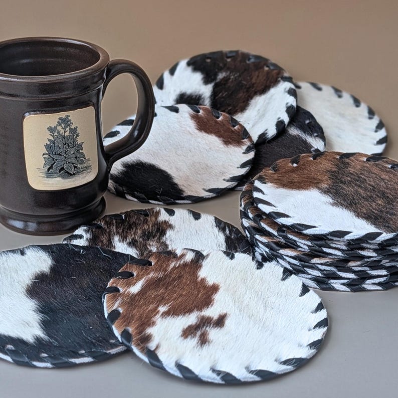 Cowhide Leather Coaster Set Handmade Western Accessory Rustic Kitchen Counter Protection Drink Mat Natural Hide Beverage Holder Farmhouse image 8