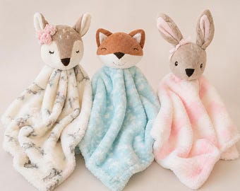 Manta de seguridad con temática de bosque, set de regalo para baby shower, peluche de zorro con animales para la habitación del bebé, juguete de peluche suave de ciervo, regalo de colección para niña
