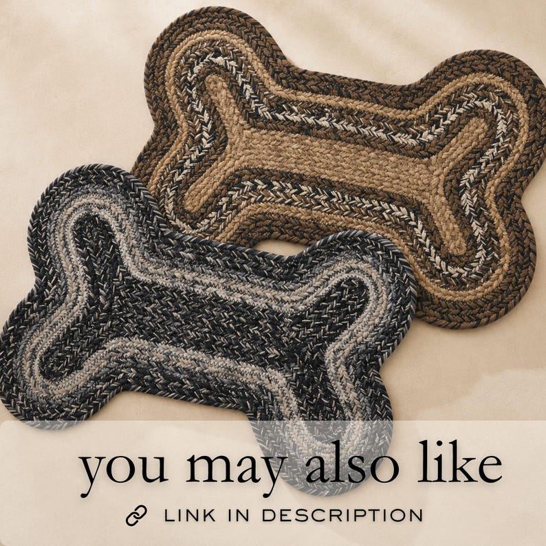 two decorative dog bone-shaped rugs, one in black and one in brown, placed on a beige background.