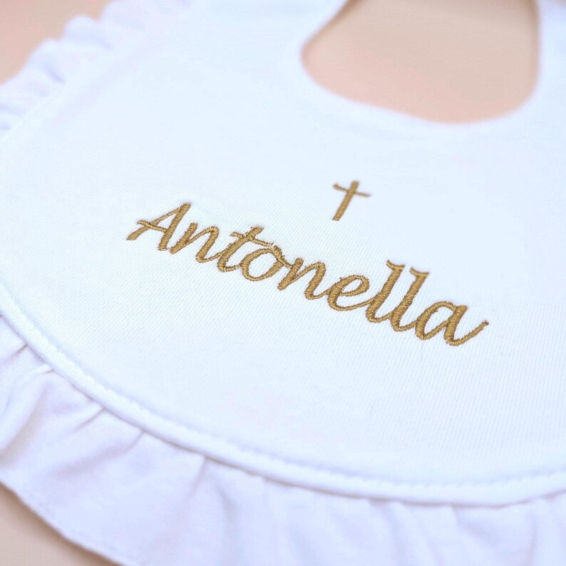 Personalized Christening Bib Personalized Baptism Accessory Cotton Embroidered Cross Religious Keepsake Baby Bandana Christening Outfit image 9