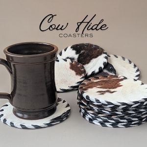 Cowhide Leather Coaster Set Western Style Home Accessory Handmade Drink Protection Natural Hair On Hide Genuine Leather Stitching Rustic Kitchen Decor Country Home Collection Table Surface Guard Unique Pattern Design Farmhouse Style costal cowgirl aesthetic