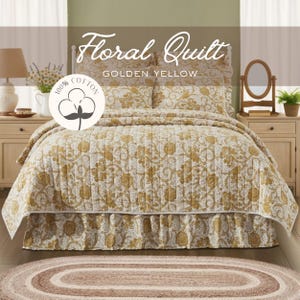 Mustard Yellow Quilt Queen Size Cotton Bedding Farmhouse Bedroom Dorset Gold Floral Coverlet Cream Pattern Damask Scrollwork Washable