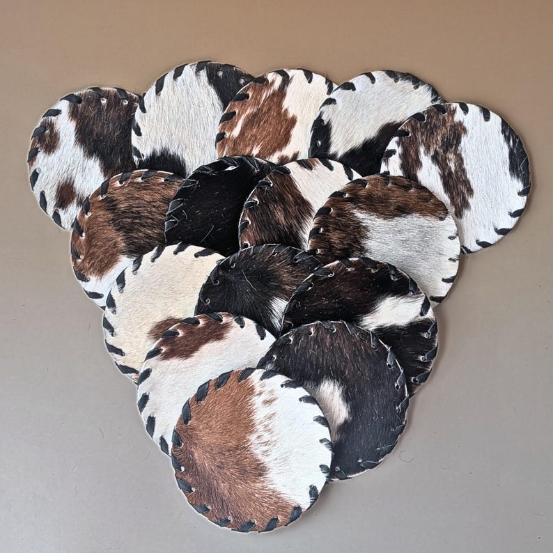 Cowhide Leather Coaster Set Handmade Western Accessory Rustic Kitchen Counter Protection Drink Mat Natural Hide Beverage Holder Farmhouse image 6