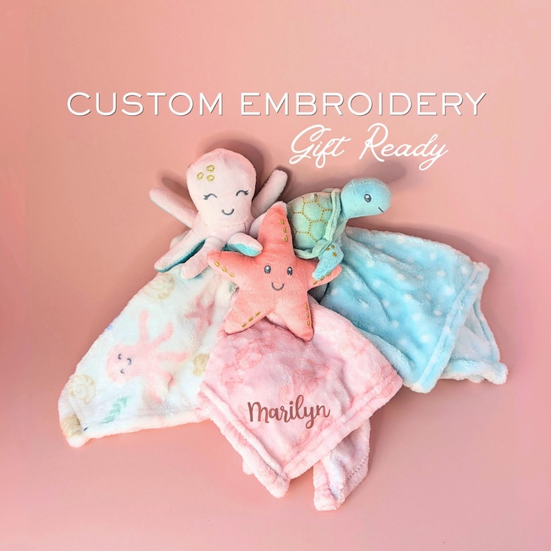 Ocean Nursery Blanket Baby Lovey Octopus Gift Sea Themed Marine Creature Plush Toy Starfish Comfort Item Personalized Newborn Present image 1