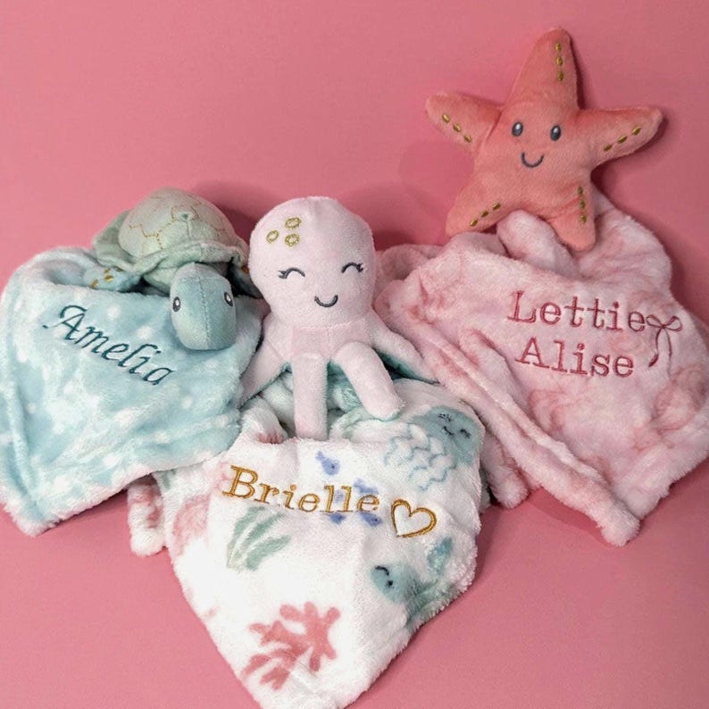 Ocean Nursery Blanket Baby Lovey Octopus Gift Sea Themed Marine Creature Plush Toy Starfish Comfort Item Personalized Newborn Present image 6