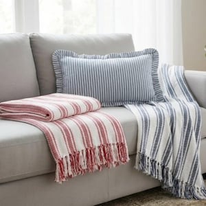 Manta de algodón azul con rayas rojas, tejido tradicional, estilo rústico, para vacaciones, con acento patriótico para el hogar, diseño clásico de temporada