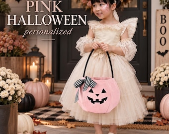 Pink Halloween Basket Personalized Pumpkin Trick or Treat Bag Girly Halloween Gift Custom Name Velvet Candy Bucket Pastel Pumpkin October