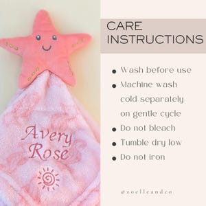 The image is a care instructions guide for a pink starfish-shaped blanket with a name embroidered on it. The blanket is placed on a light background, and there is text providing care instructions for the blanket.