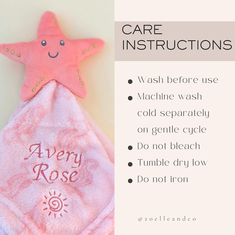 The image is a care instructions guide for a pink starfish-shaped blanket with a name embroidered on it. The blanket is placed on a light background, and there is text providing care instructions for the blanket.