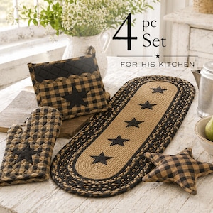 Cabin Gift Set for Him Lodge Table Runner Oval Centerpiece Black Star Rustic Decoration Country Kitchen Primitive Dining Buffet Jute Mat