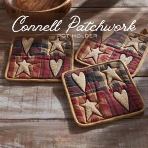 May include: Connell Patchwork pot holders with a plaid pattern in red, black, and tan. Each square pot holder features burlap stars and hearts. The pot holders have a tan border and a loop for hanging.