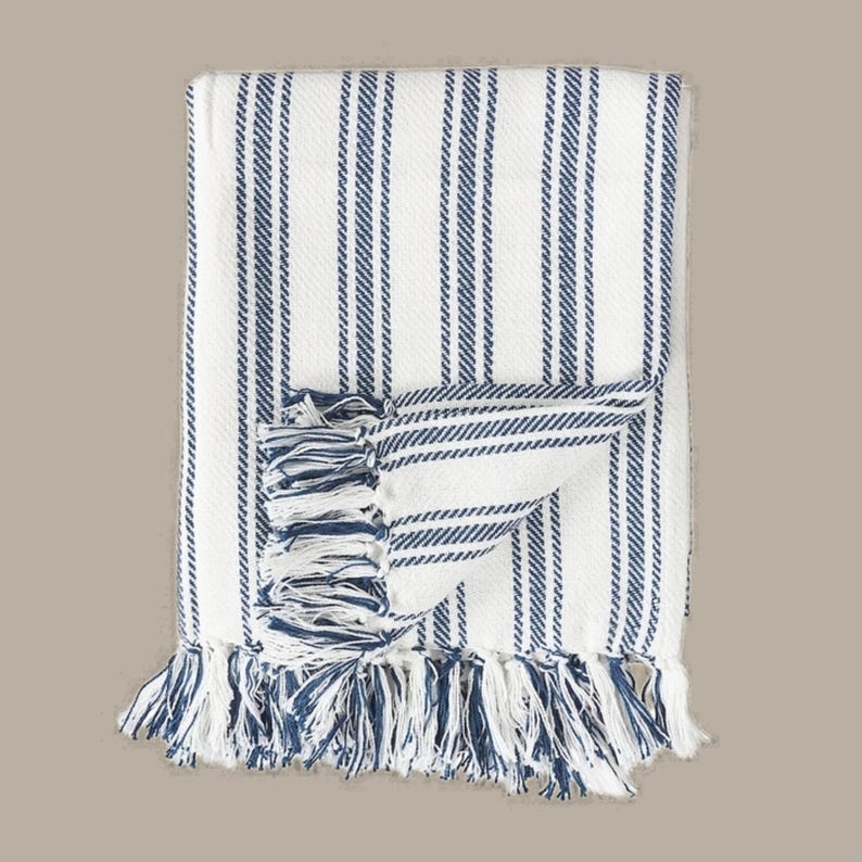 Cotton Stripe Blanket Red Throw Traditional Woven Textile Farmhouse Holiday Pillow Patriotic Home Accent Classic Blue Coastal Design Pillow image 9