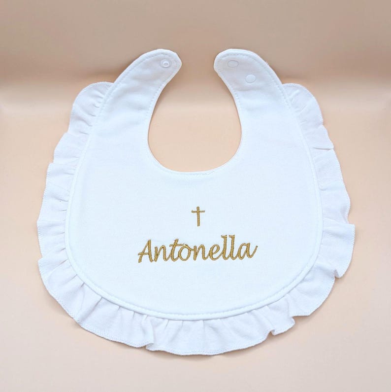 Personalized Christening Bib Personalized Baptism Accessory Cotton Embroidered Cross Religious Keepsake Baby Bandana Christening Outfit image 2