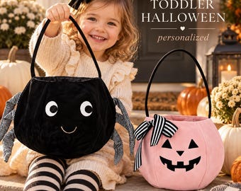 Toddler Halloween Basket Personalized Trick or Treat Bag First Halloween Pumpkin Spider Candy Bucket Custom Name Kids Halloween Gift October