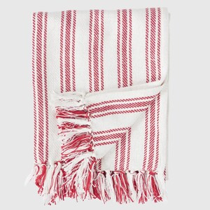 Red Stripe Throw Cotton Ticking Blanket Traditional Textile Holiday Decor Christmas Accent Patriotic Home Style Farmhouse Design Classic Pattern Woven Construction Machine Washable Fabric Year Round Use Seasonal Decoration Fourth July