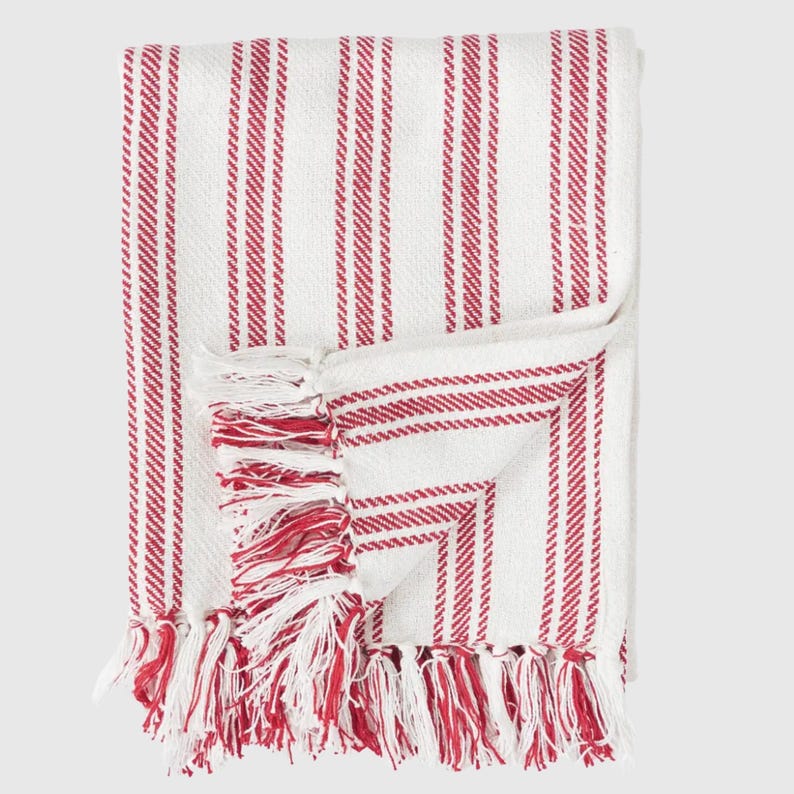 Red Stripe Throw Cotton Ticking Blanket Traditional Textile Holiday Decor Christmas Accent Patriotic Home Style Farmhouse Design Classic Pattern Woven Construction Machine Washable Fabric Year Round Use Seasonal Decoration Fourth July