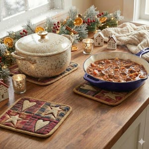 Primitive Star Quilted Trivet Country Kitchen Collection Patchwork Design Pattern Heat Resistant Pad Farmhouse Style Potholder Set Cooking Protection Accessory Rustic Kitchen Decor Housewarming Gift Idea Southern Charm Aesthetic Traditional