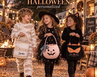 Camping Halloween Gift RV Fall Festival Trick or Treat Bag Kids Halloween Basket Personalized Candy Bucket Custom Name Campground