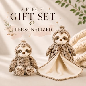 May include: A two-piece gift set featuring a plush sloth toy and a matching sloth security blanket. Both items are made of brown and cream textured faux fur. The text 2 PIECE GIFT SET PERSONALIZED is displayed above the items in dark brown font.