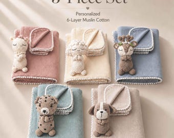 Personalized Baby Gift 3 Piece Set Baby’s First Christmas Gift Idea Christmas Gift for Baby Embroidered Muslin Blanket Set