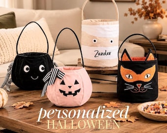 Personalized Halloween Basket Kids Trick or Treat Bag Halloween Keepsake Boo Basket Custom Embroidered Candy Bucket Toddler Halloween Gift