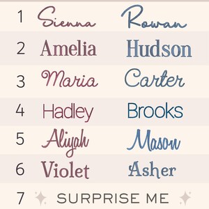 a collection of seven different font names, each with a unique style and color, arranged in a table format. The font names include "Siena", "Rowan", "Amelia", "Hudson", "Brooks", "Alyah", "Violet", and "Asher". The text "Surprise Me" is also present, suggesting that these font names are meant to be used as names or titles for a person.