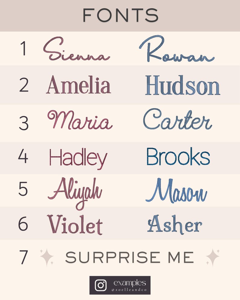 a collection of seven different font names, each with a unique style and color, arranged in a table format. The font names include "Siena", "Rowan", "Amelia", "Hudson", "Brooks", "Alyah", "Violet", and "Asher". The text "Surprise Me" is also present, suggesting that these font names are meant to be used as names or titles for a person.