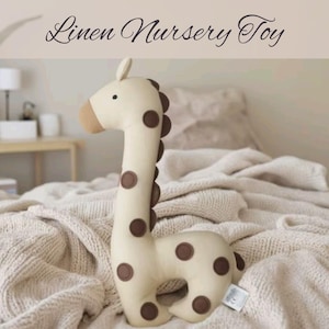 Organic Linen Giraffe Toy Baby Shower Gift Idea Nursery Decor Item Safari Themed Stuffed Animal Cotton Plush Minimalist Design Eco Friendly
