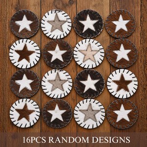 a collection of 16 circular coasters with star designs, arranged in a grid pattern on a wooden surface.