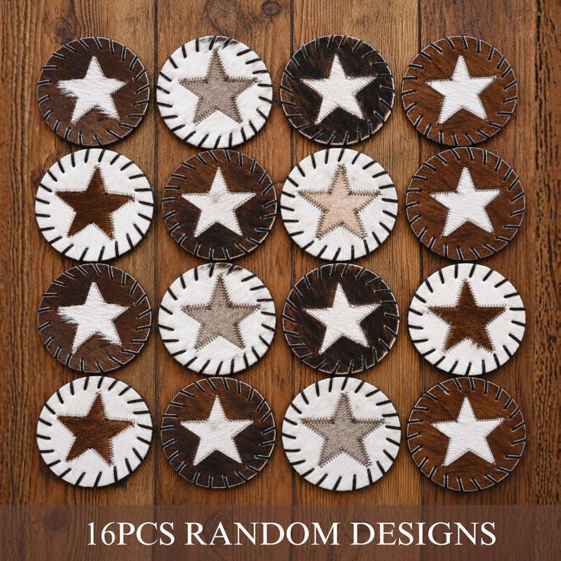 a collection of 16 circular coasters with star designs, arranged in a grid pattern on a wooden surface.