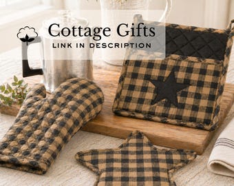 Country Kitchen Set Star Potholder Mitt Collection Rustic Cooking Protection Trivet Primitive Style Quilted Cotton Hotpad Farmhouse Heat Pad
