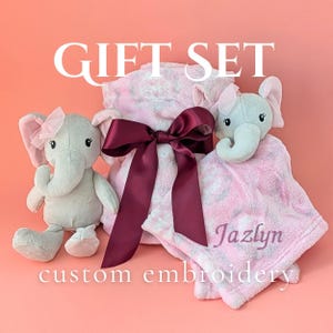Pink Elephant Set Personalized Baby Gift Bundle Safari Security Blanket Soft Cuddly Plush Lovey Toy Nursery Decoration Newborn Girl welcome
