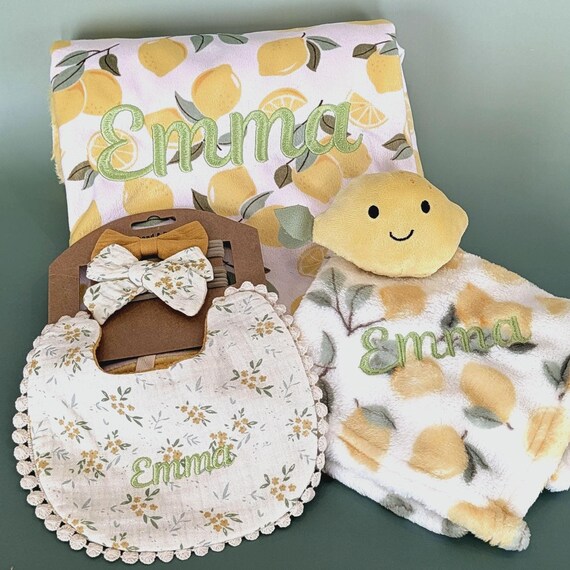 Lemon Baby Girl Gift Idea Custom Blanket Security Toy Plush Minky Comfort Lovey Personalized Name Embroidered Keepsake Shower Present Summer