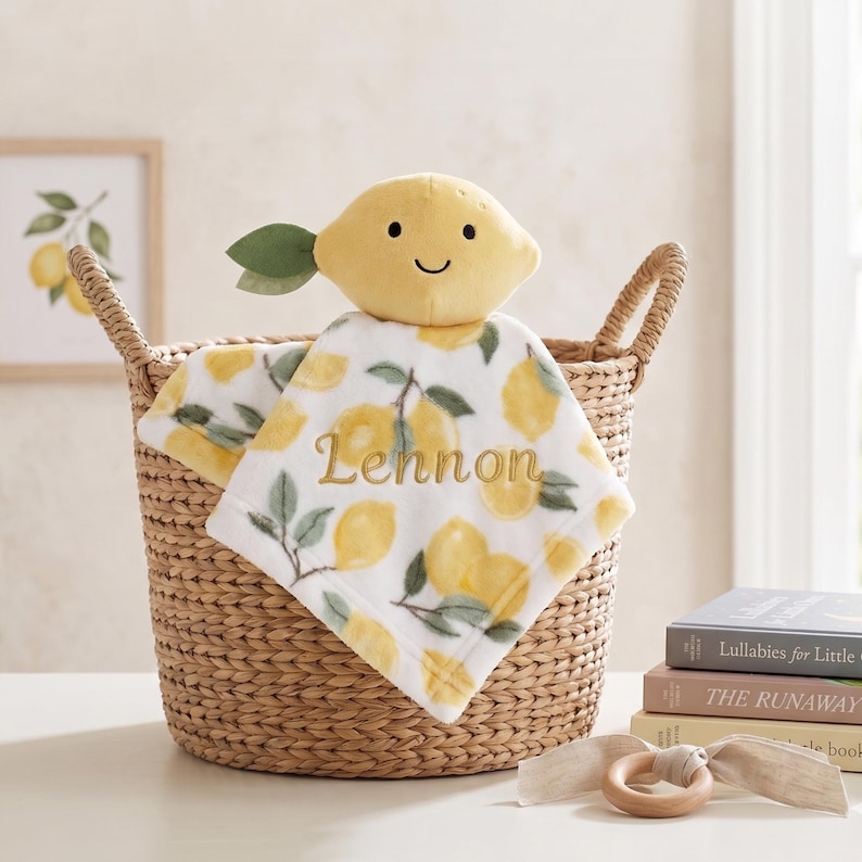 Idea regalo per bambina Lemon, coperta personalizzata, giocattolo di sicurezza, peluche Minky, morbido e confortevole, con nome personalizzato ricamato, regalo per baby shower estivo Lovey