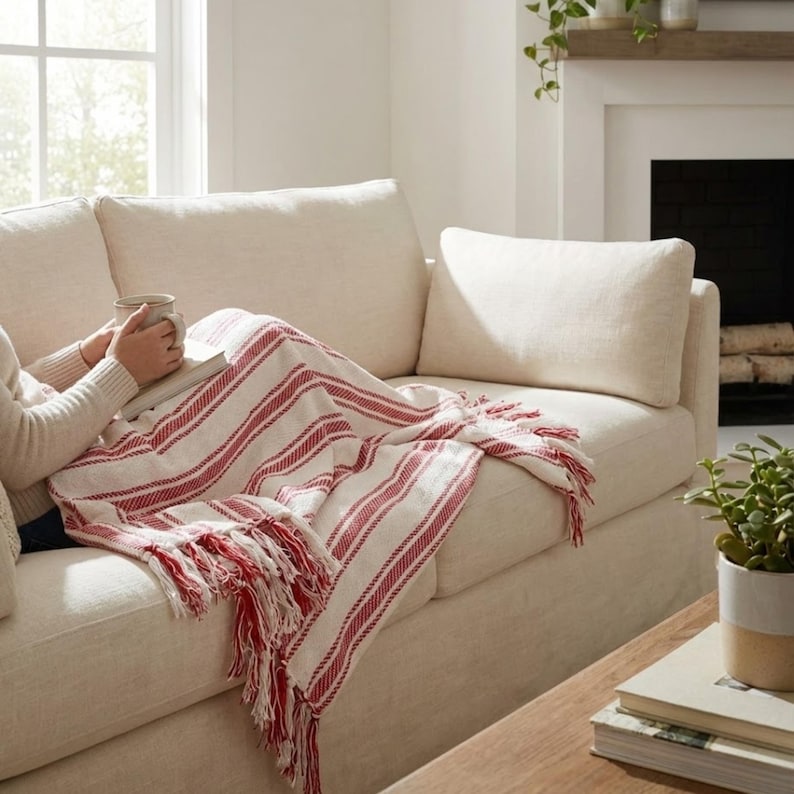Classic Design Blanket Cotton Ticking Textile Red Stripe Pattern Traditional Woven Throw Farmhouse Style Home Accent Seasonal Decor Holiday Christmas Fourth July Celebration Patriotic Design Year Round Use Machine Washable Fabric