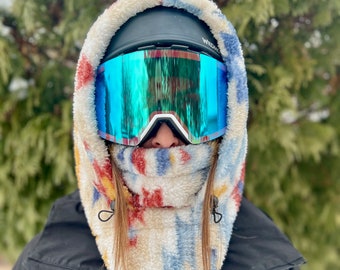 White Aztec Ski Hood Fits Over Helmet, Balaclava, Snood. Helmet Hood!