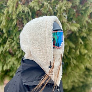 Off-White Sherpa Helmet Hood, Fleece Ski Hood, balaclava, snood, Over Helmet.